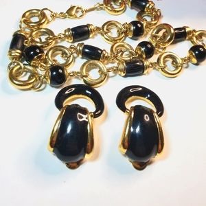 SIGNED AFJ VINTAGE GOLD BLACK 90s RUNWAY SET EARRINGS AND NECKLACE
